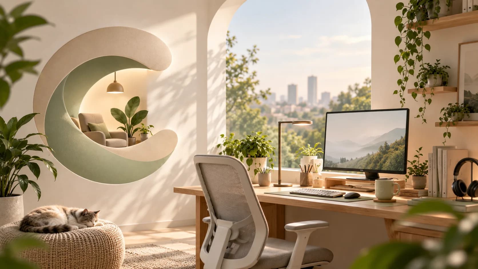 A calm WorkCocoon-styled home office nook with a reading chair, desk, and plants