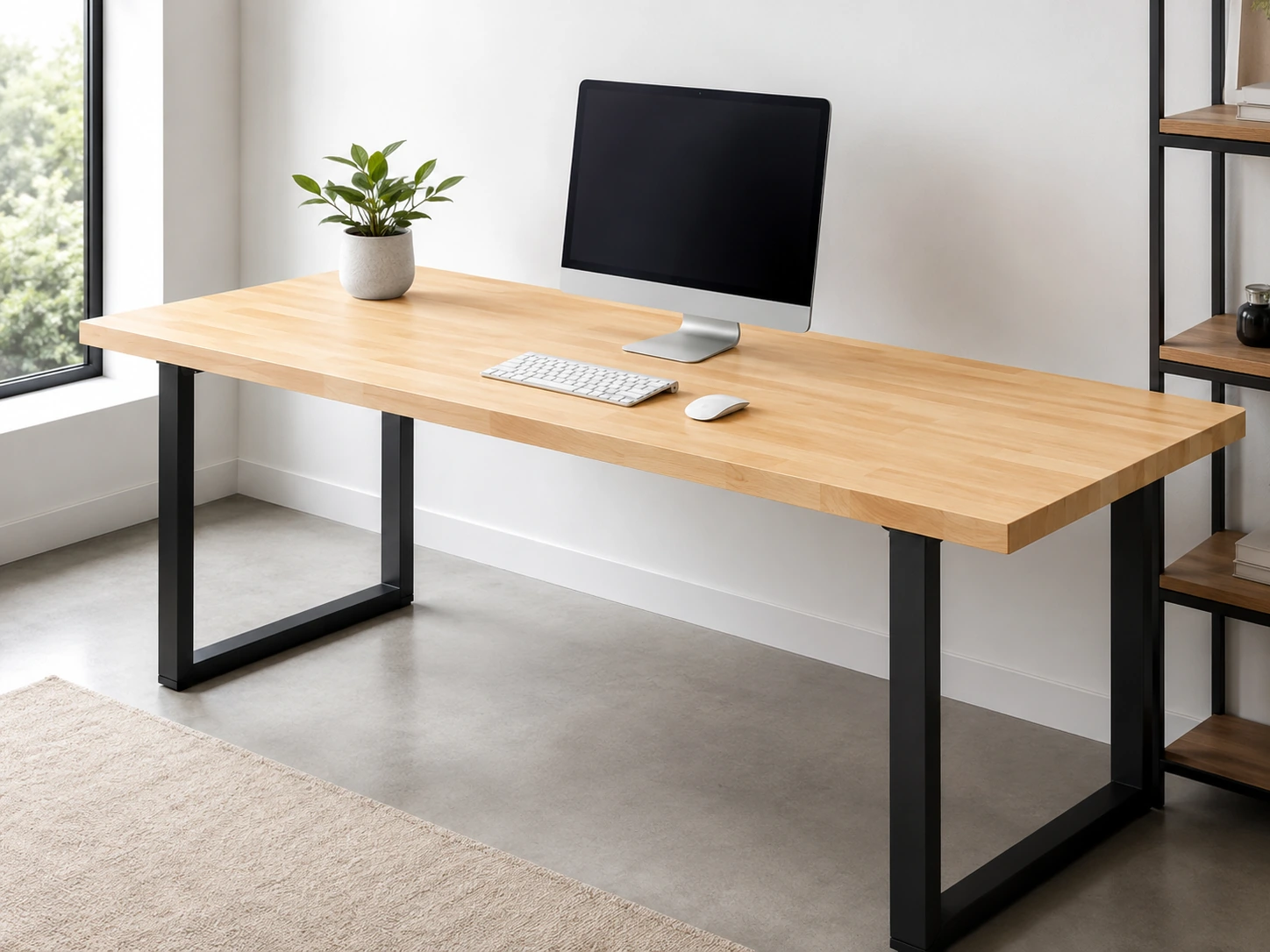 Modern minimalist home office with solid wood desk